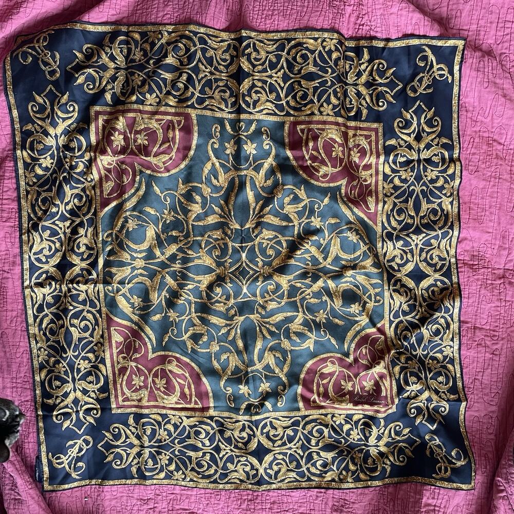 RALPH LAUREN SIGNED SCARF OLD MONEY CLASSY DESIGNER VINTAGE 100% SILK ITALY - Picture 2 of 12